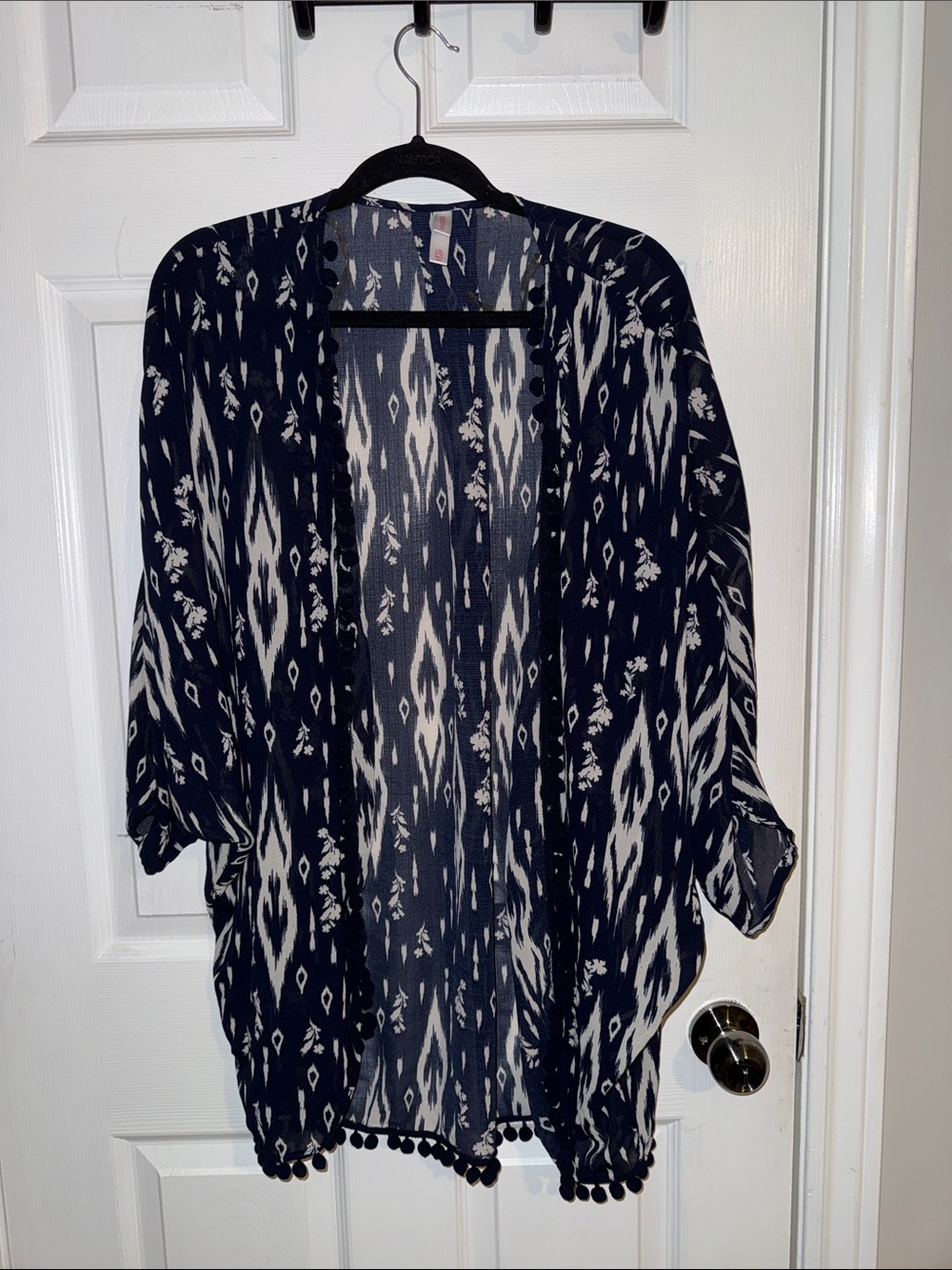 Xhilaration Navy and White Patterned Pom-Pom Kimono